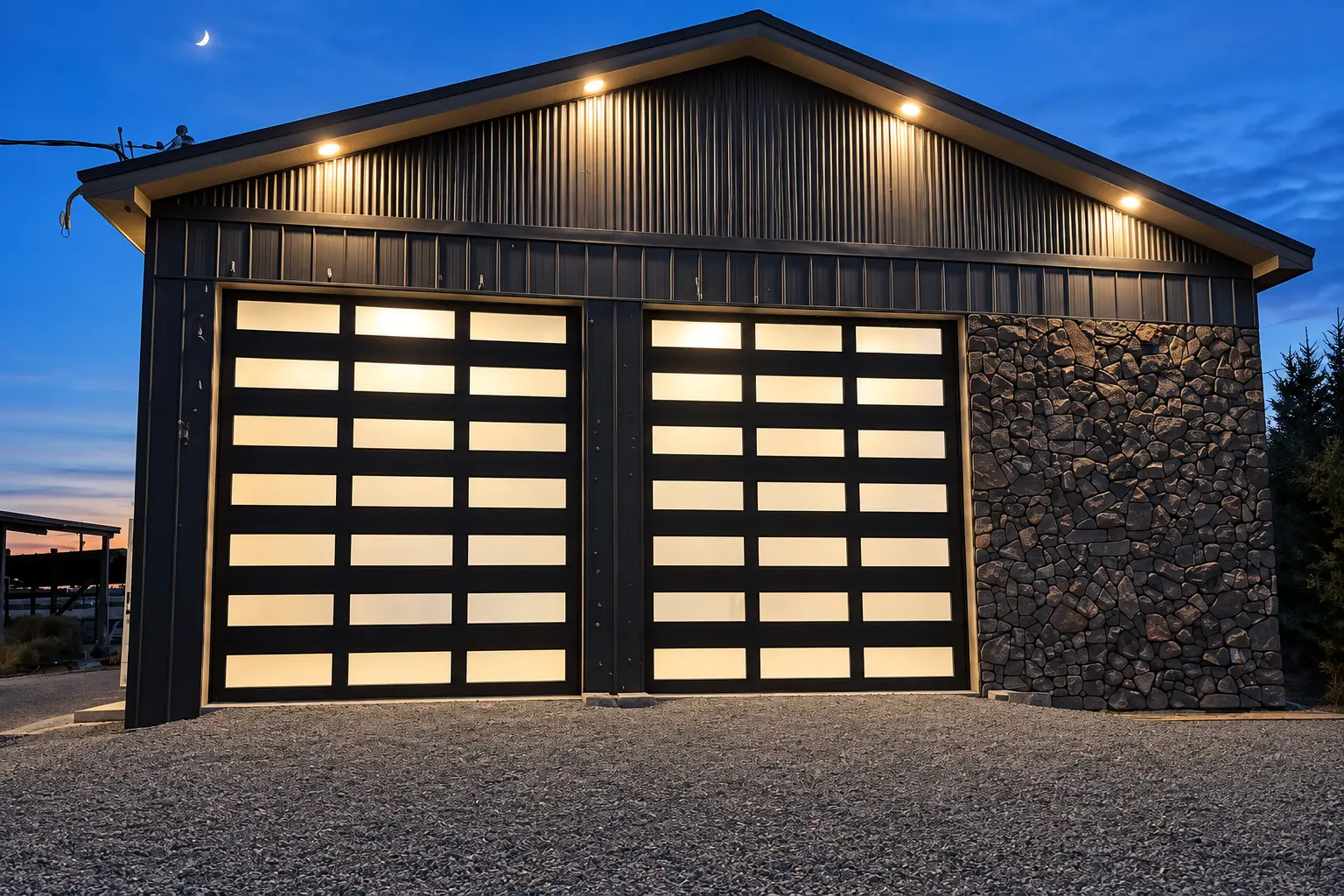 Black glass-panel garage doors installed on a metal and stone building